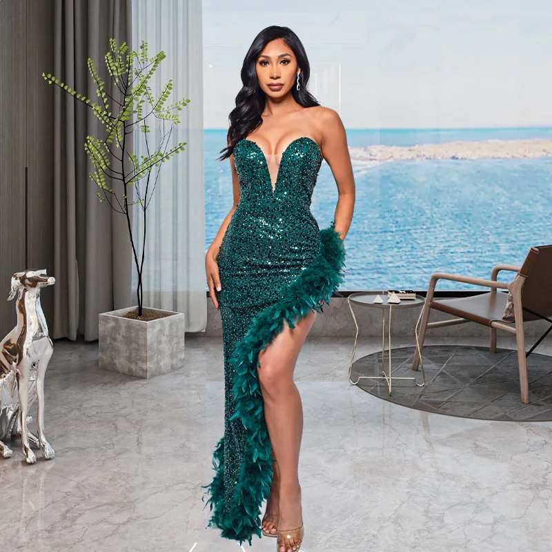 

Backless Sequin Feather Dress Sexy Irregular Evening Dresses Women Party Banquet Deep V-neck High Waist Patchwork Long Dress