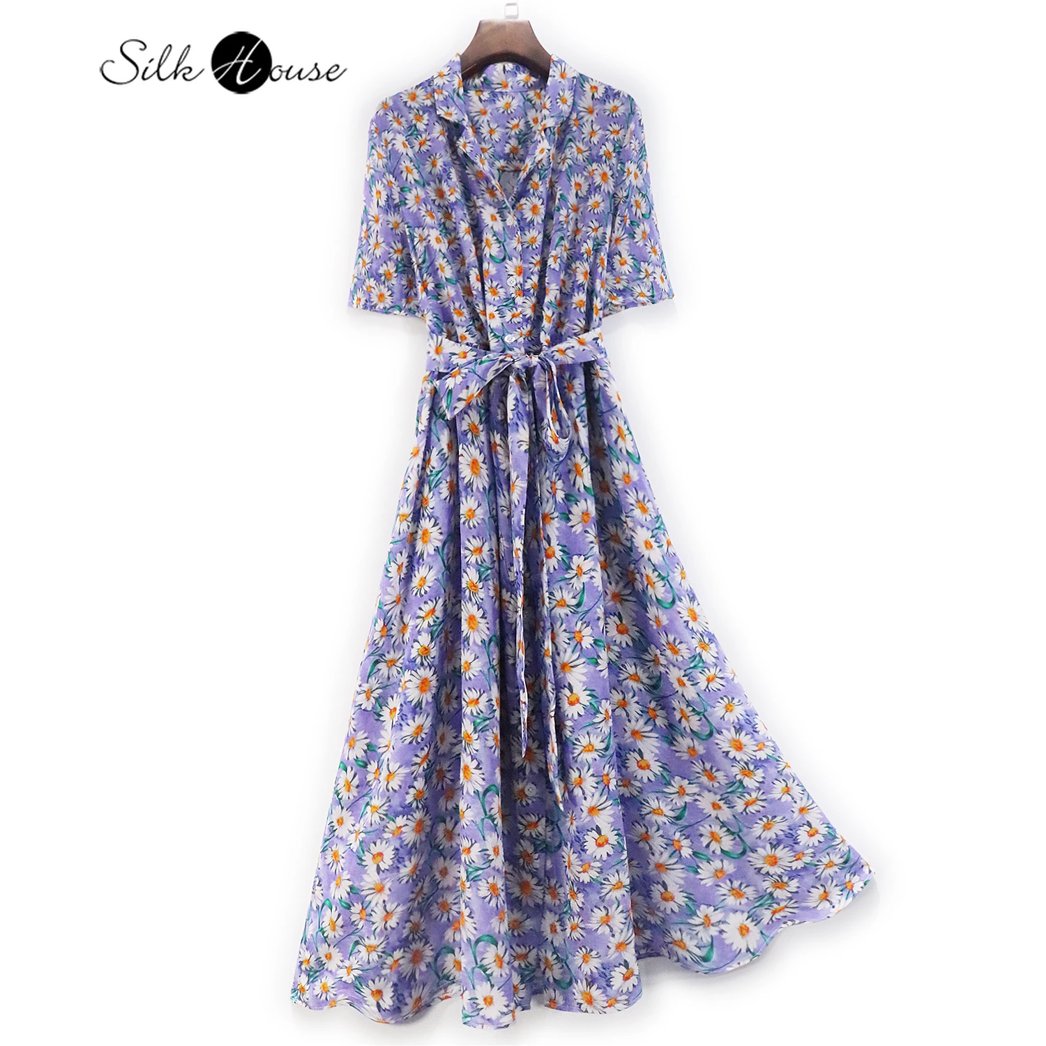 

2022 New Silk Dress Real Silk Medium Length Dress Suit Collar Summer Cardigan Women's Fashion Party Commuter Office Dress