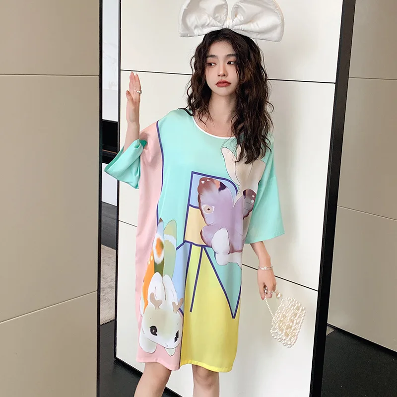 Loose Stain Pajamas for Women Nightwear Silk Nightgown Round Neck Cute Cartoon Home Clothes Nightdress Sleepwear Vestidos Mujer