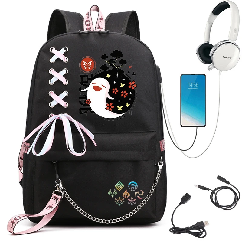 

Школьный рюкзак Genshin Impact для девочек, школьный рюкзак для студентов колледжа, дорожный рюкзак Genshin Impact Xiao Hu Tao, рюкзак с Usb