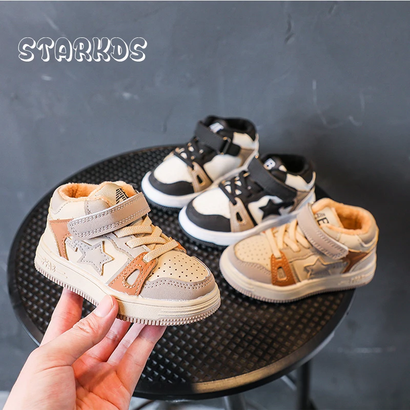 Baby Boys Warm Furry High Top Sneakers Toddler Kids  Winter Plush Sport Shoes Children Brand Design Star Tennis with Hook & Loop