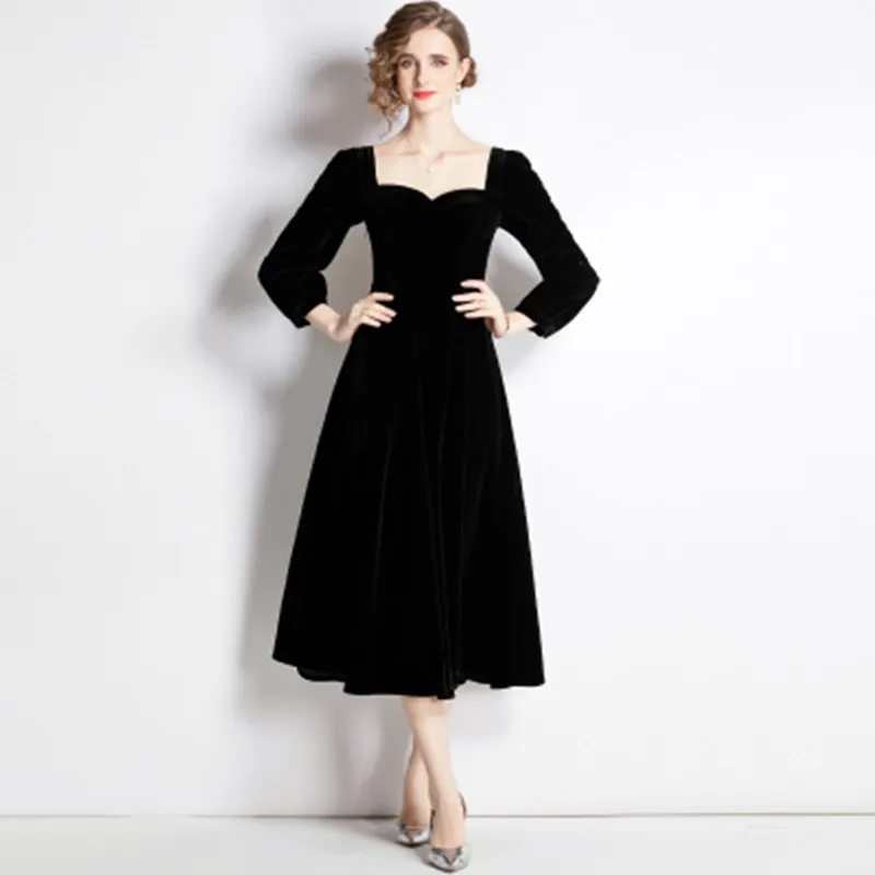 

BULOCHOVA French Retro Hepburn Black Velvet Long Dress Fall And Winter Women Square Collar High Waist Slim Party Vestidos XXL