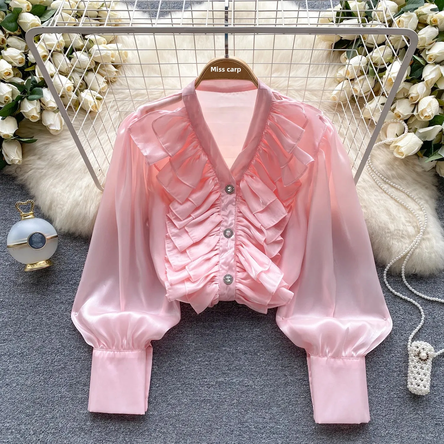 Элегантная женская рубашка во французском стиле свободная посадка с рюшами по