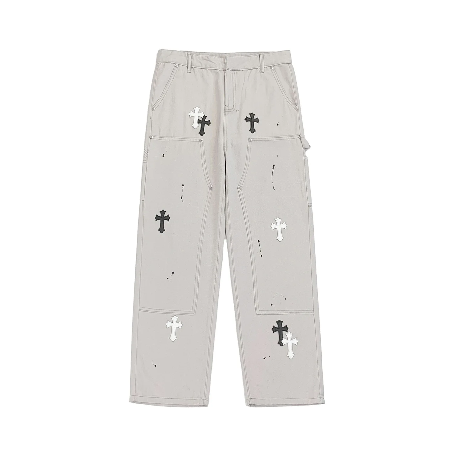 Four Seasons Men's Jeans Harajuku High Street Fork Print Straight Loose Wide Leg Casual Pants Fashion Street Men's Ins Hot Sale