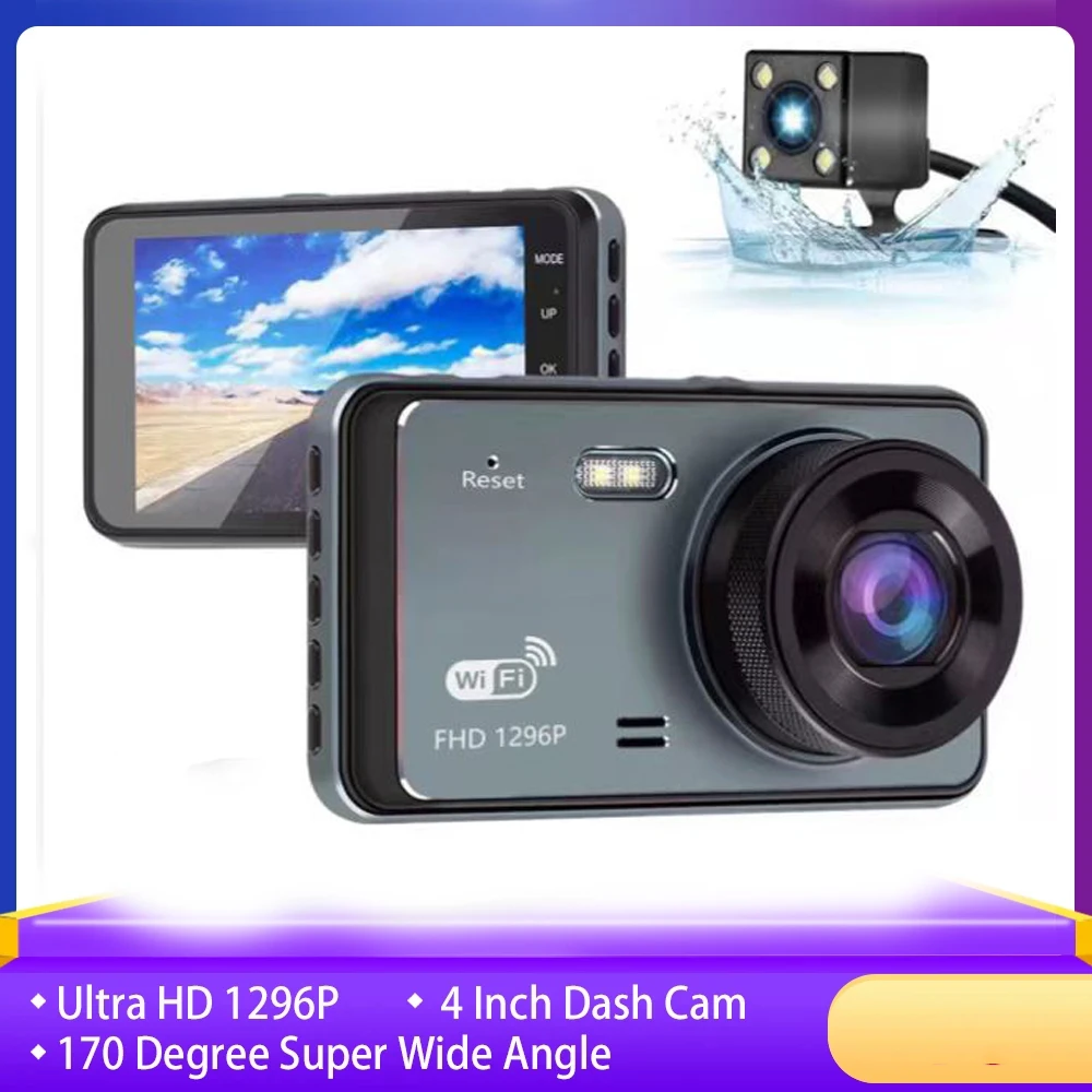 

Видеорегистратор автомобильный, 4 дюйма, Wi-Fi, Full HD 1296P, два объектива