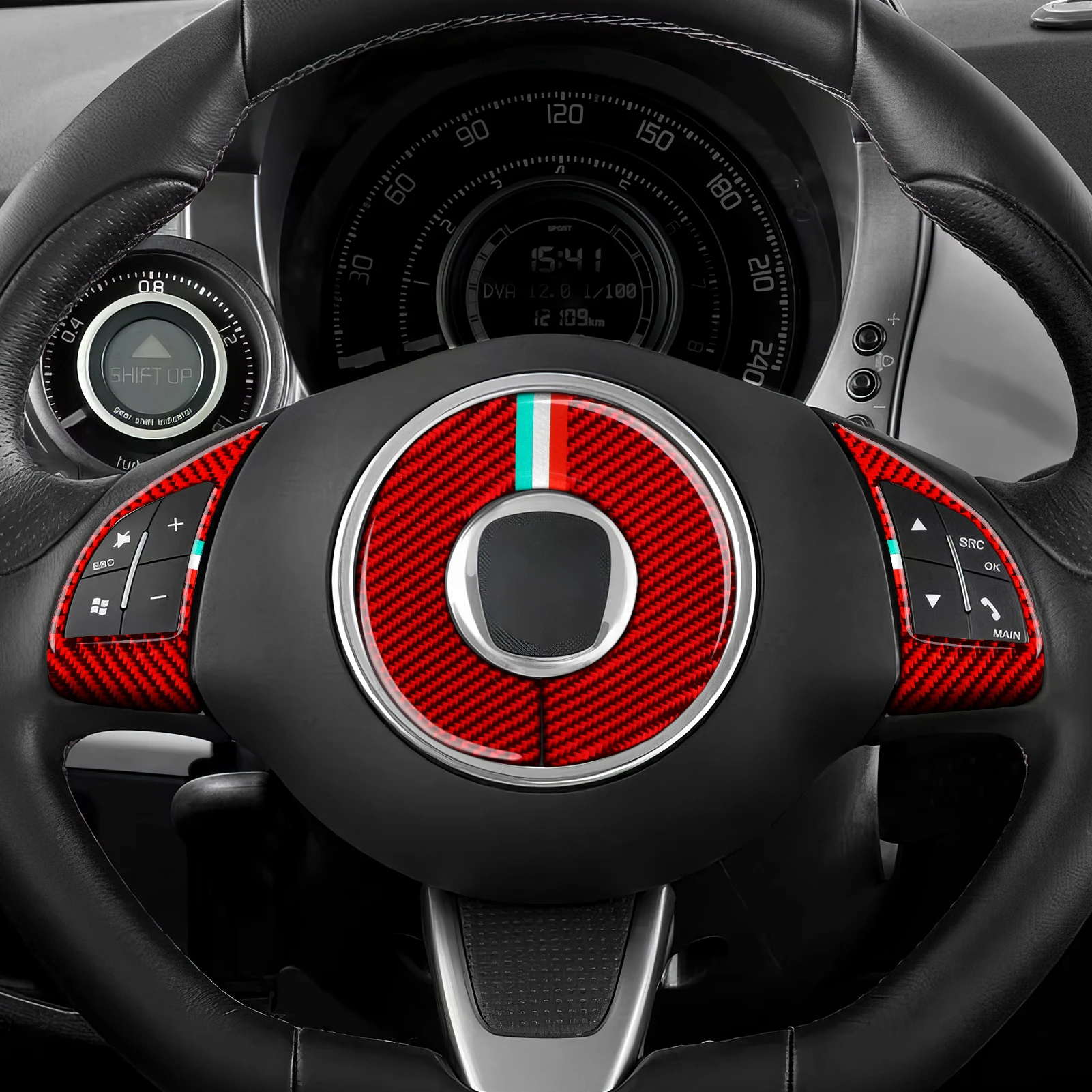 Фото Панель рулевого колеса для Fiat Abarth 500, 500C, 500e, 595, 695. Панель управления переключением передач на консоли. Мягкая красная наклейка из углеродного волокна для интерьера №2
