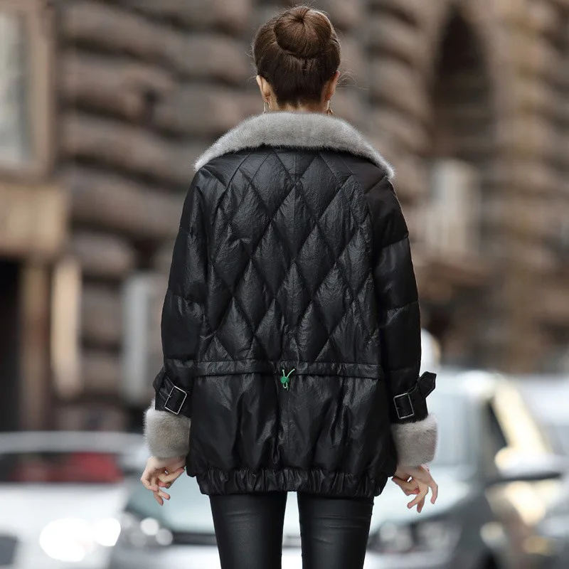Leather Down Jacket Women's Winter Genuine Leather Coat Stand Collar Retro Embossed Sheepskin Mink Fur Leisure Loose Down Coat