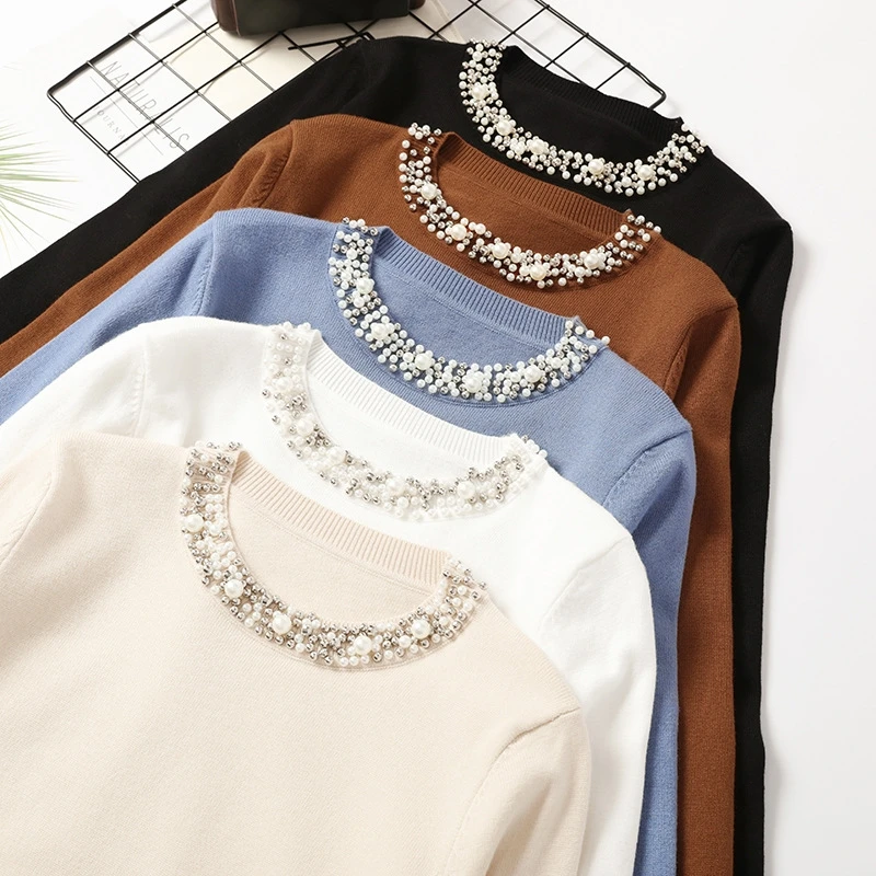 

Women's temperament sweaters and pullovers, pearl leisure long sleeved sweaters, thin needle knitted sweaters, novelty in autumn