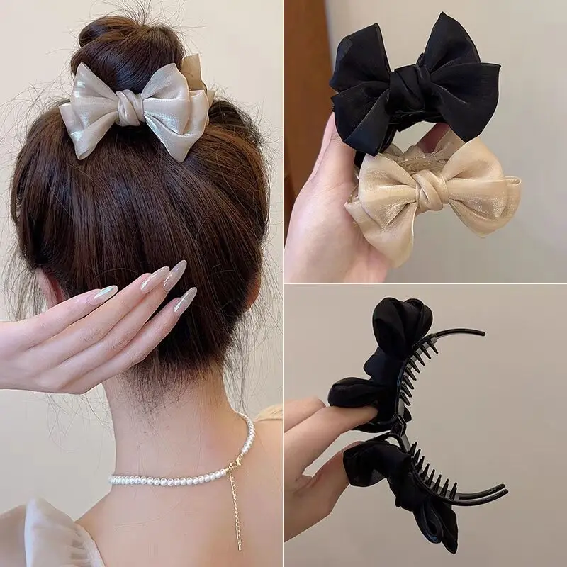 

Elegant Satin Bow Hair Claw Clips Korean Sweet Mesh Shark Clip for Women Girls Hairpin Ponytail Hair Clamp Headdress Accessories