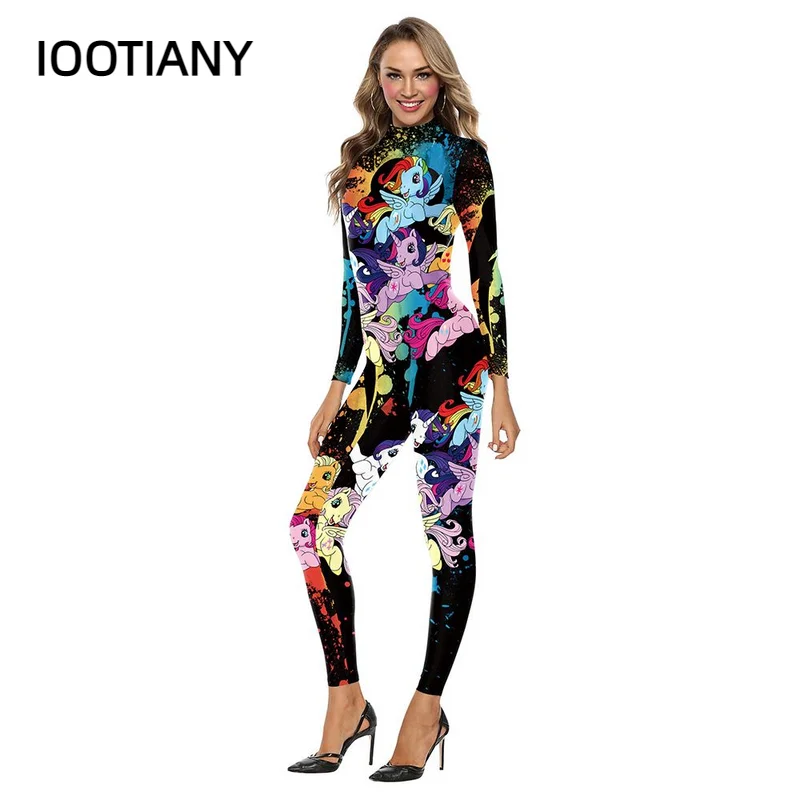 IOOTIANY Female Rainbow Unicorn Print Sexy Bodysuits Women  Back Zipper Party Slim Jumpsuits New Skinny Long Rompers