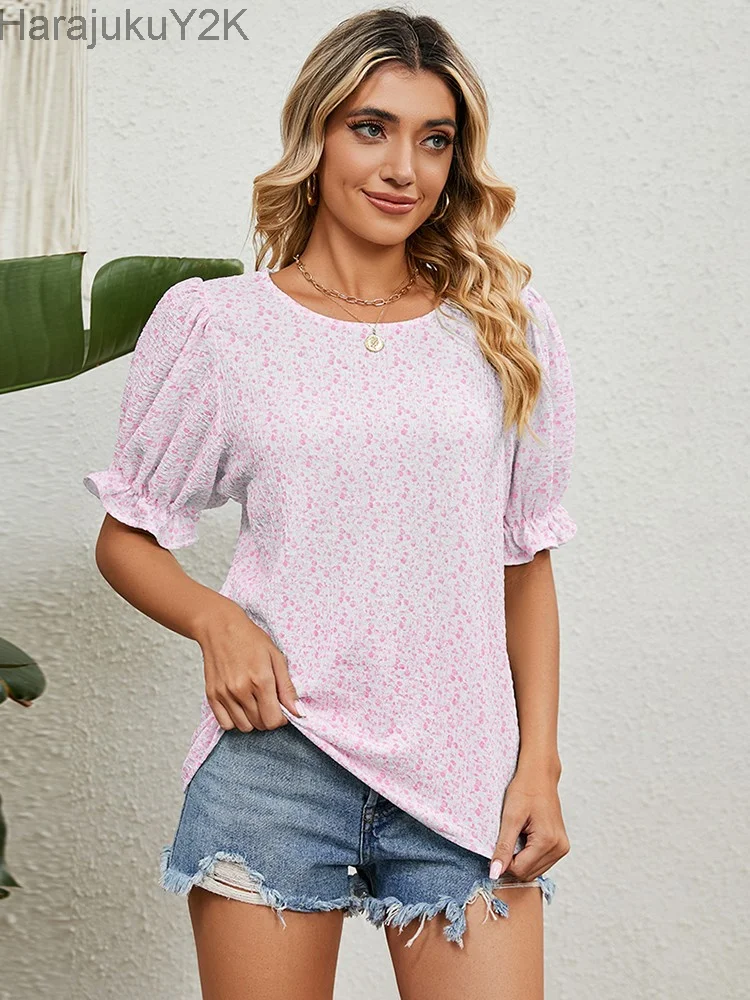 

Floral Print Women Blouses And Tops 2023 New Summer Fashion O Neck Short Sleeve Elegant Office Lady Shirts Plus Size Pullover