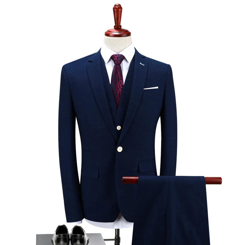 

[Jacket+Pants+Vest] Formal Navy Solid Single Buckle Suit Peaky Blinders Cosplay Party Dresses Elegant Men Wedding Suits Groom