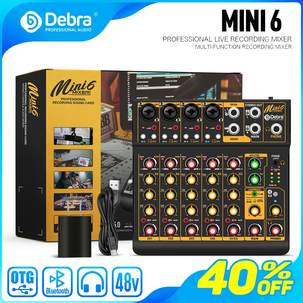 Debra Mini6 6-канальный металлический микшер с аудиоинтерфейсом и задержкой Bluetooth OTG