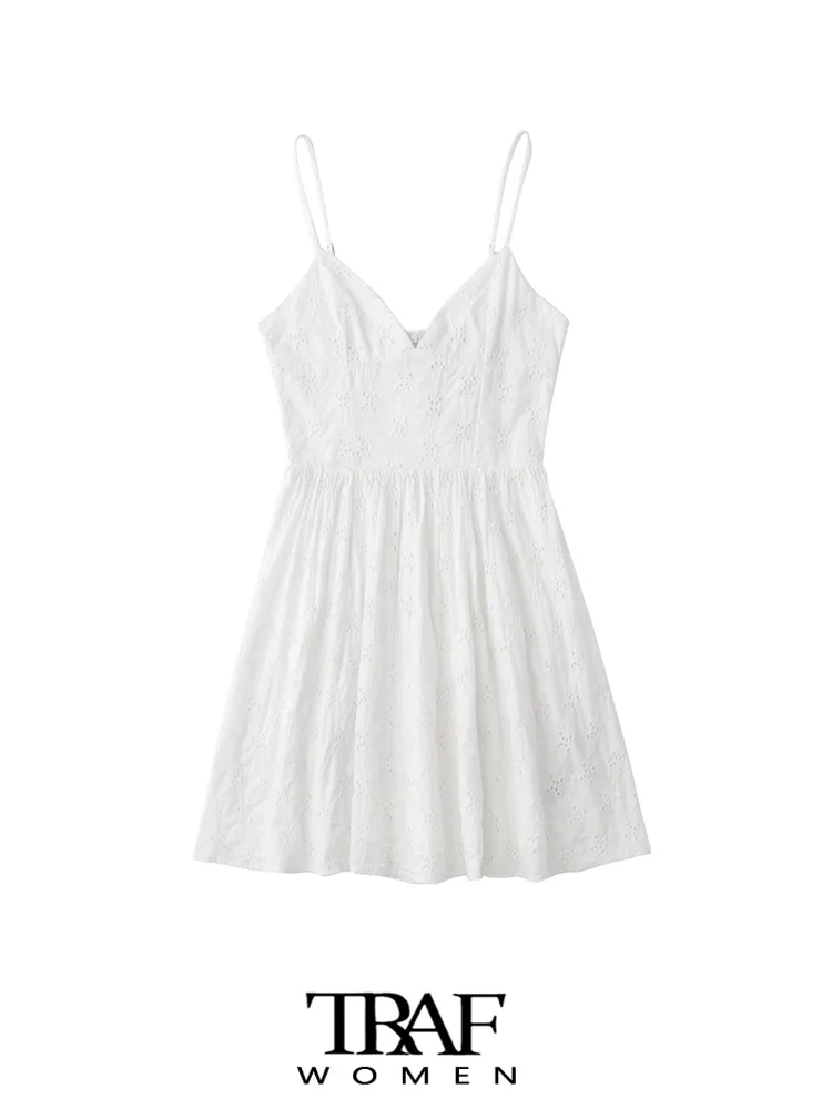 

TRAF Women Fashion With Cutwork Embroidery Mini Dress Vintage Backless Zipper Thin Straps Female Dresses Vestidos Mujer