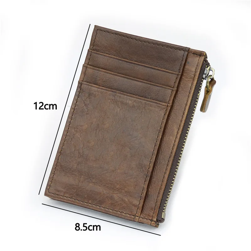 Ultra Thin Short Card Coin Key Storage Bag Unisex New Oil Wax Leather Zipper Zero Wallet