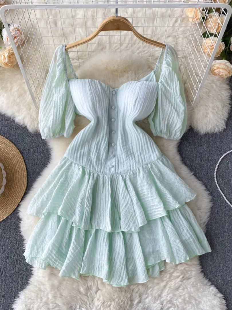 

Korean Fashion Women Dress 2022 Summer Elegant Party Mini Dress Square Collar Short Sleeve Two-layered Ruffles Ball Gown Dress