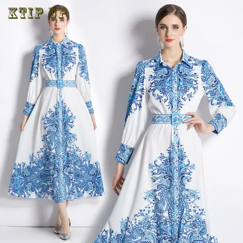 

Arab Spring Autumn Ethnic Style Printed Long Sleeve High Waist Slim Fit Single Breasted A-line Dress Malay Muslim Dress Abaya