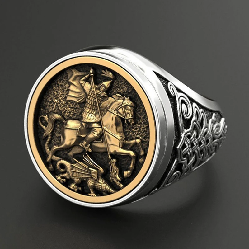 

2023 New Fashion Punk Cool Men's Finger Ring Dual Gold Color Metal Rome Soldier Horse Dragon Rings Jewelry Bague Homme