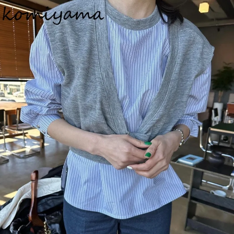 Рубашки и блузки с имитацией двух предметов милые Полосатые длинным рукавом