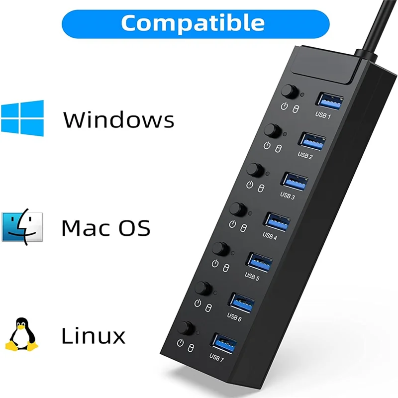 Фото USB-концентратор 3,0, USB-разветвитель, 7-портовый USB-разветвитель для ноутбука с индивидуальным переключателем ВКЛ/ВЫКЛ и ярким индикатором, ультратонкий для Mac Pro №4