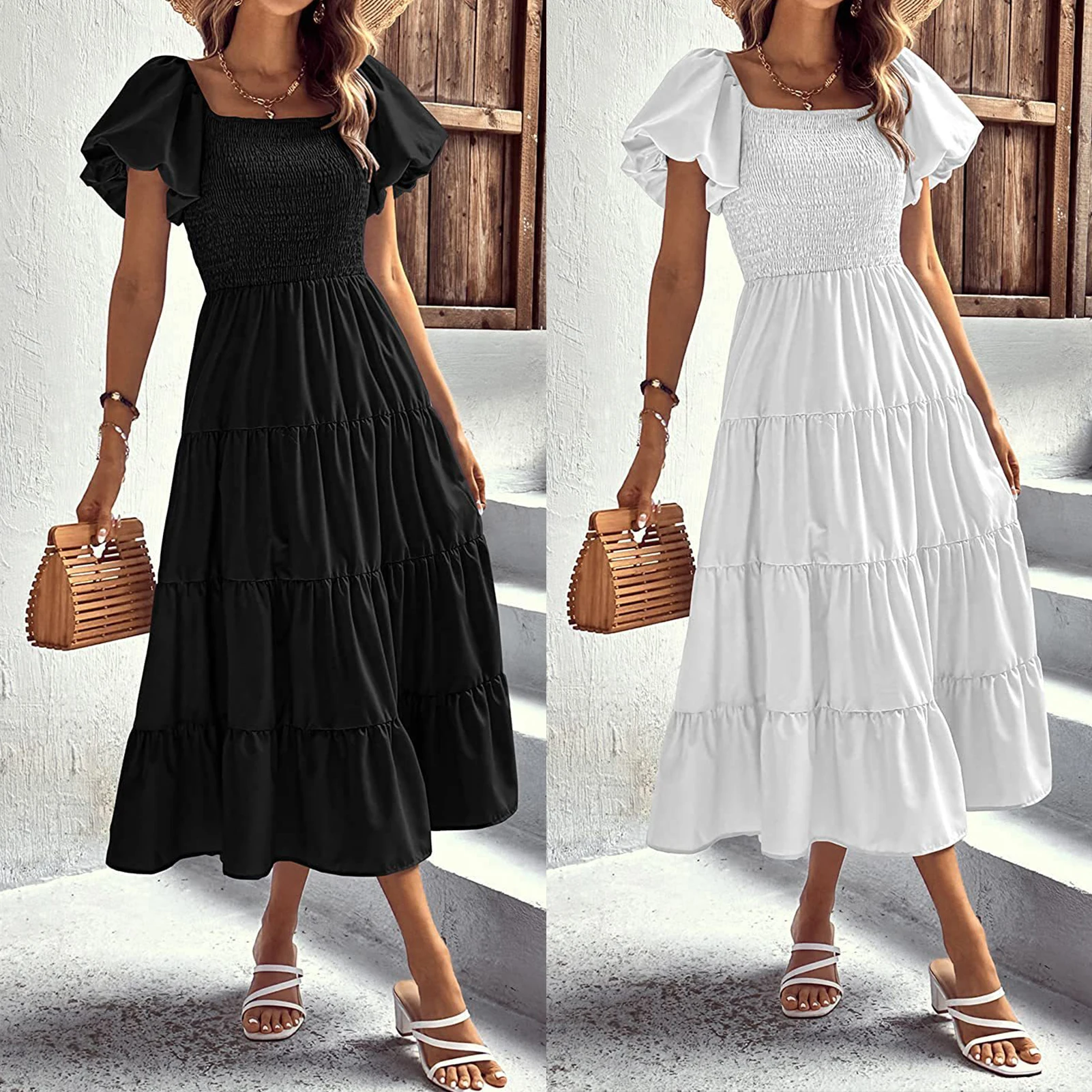 

Женское плиссированное платье, пляжная одежда с пышными рукавами, смоченное платье с квадратным вырезом, простое темпераментное элегантное платье с большой юбкой для клуба