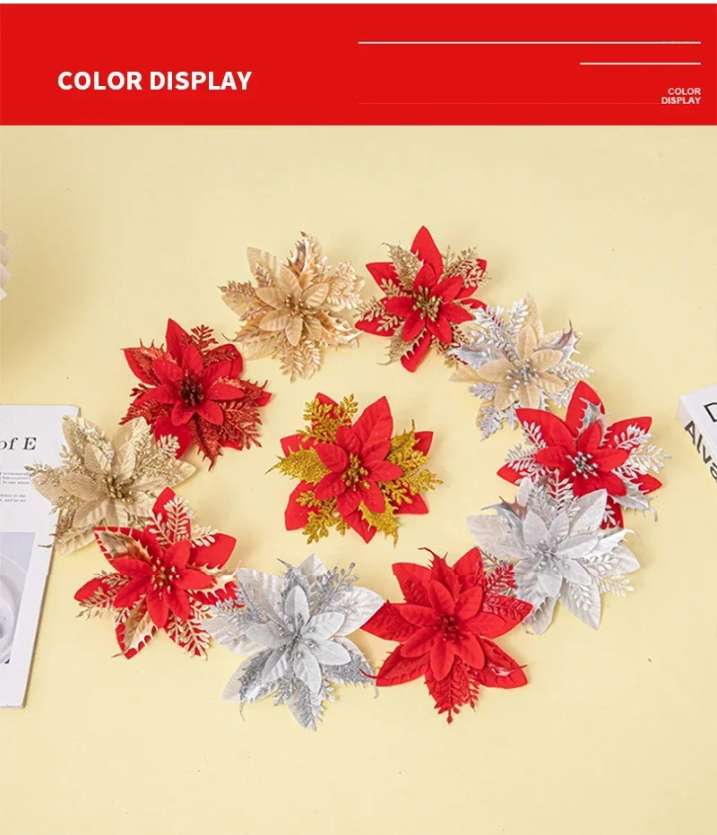 Блестящие искусственные рождественские цветы Золото Серебро Блестящий порошок