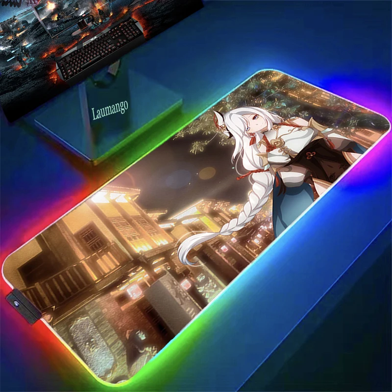 

RGB Pc Gamer Rug ShenHe Genshin Impact LED Keyboard Gaming Mousepad Anime Computer Desk Accessories Mouse Pad With Backlight Diy