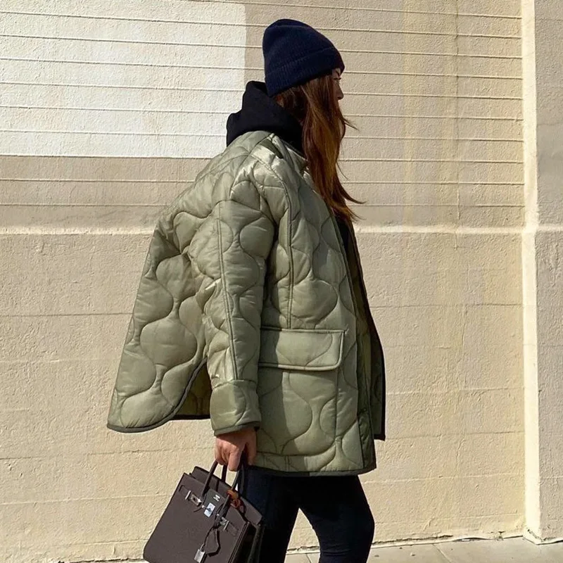 2021 Women's Army Green Winter Quilted Parkas Female Casual Long Sleeve Pocket Single Breasted Round Edge Jacket Coat