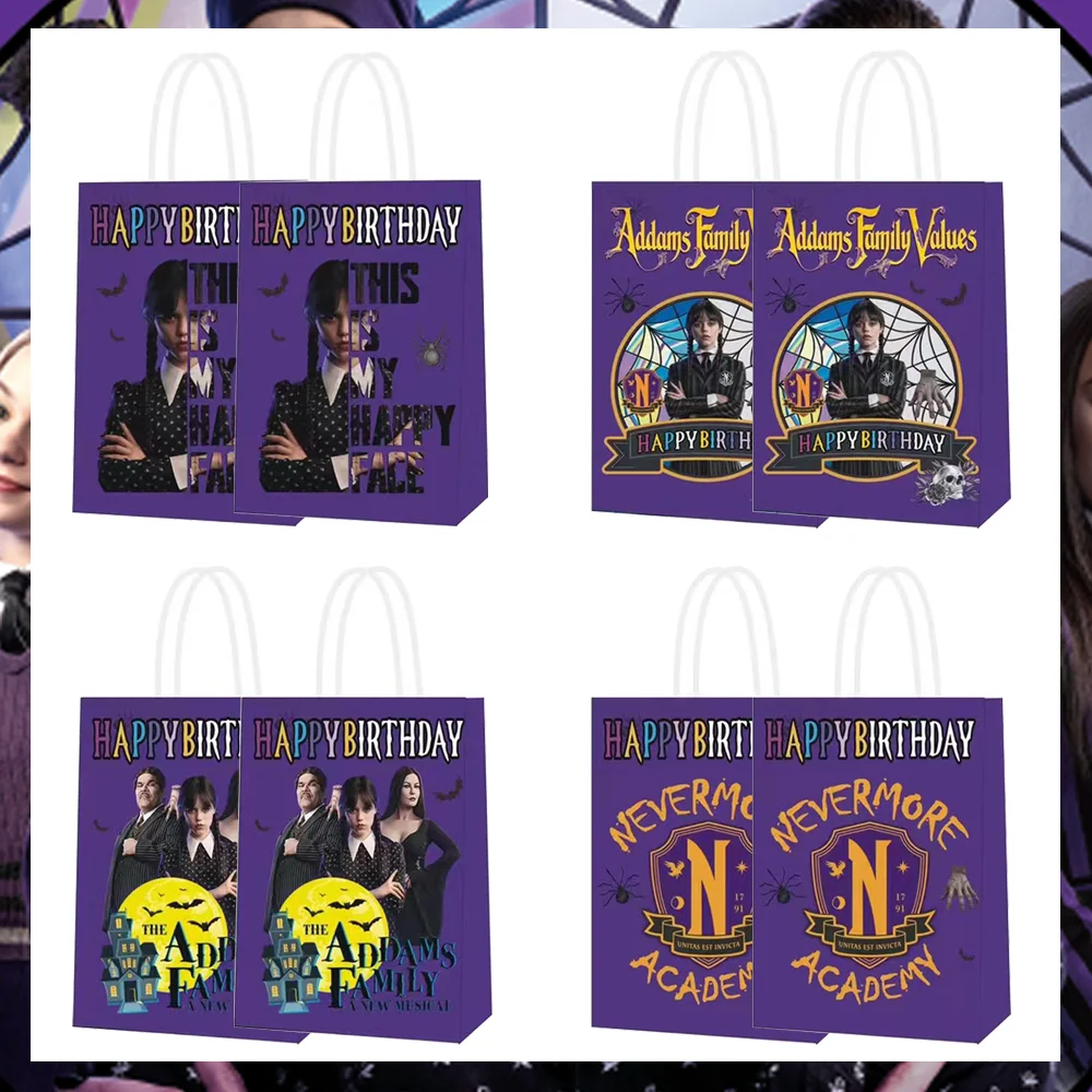

12Pcs The Movie Wednesday Addams Paper Gift Bag Handle Birthday Party Addams Packaging Bags Wedding Gifts Eid Ramadan Supplies