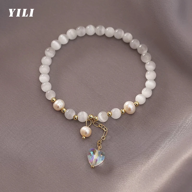 

2022 Fashion 6MM Opal Bead Bracelet for Women Elegant Pearl Heart Crystal Bracelet Korean Elastic Rope Girls Party Jewelry