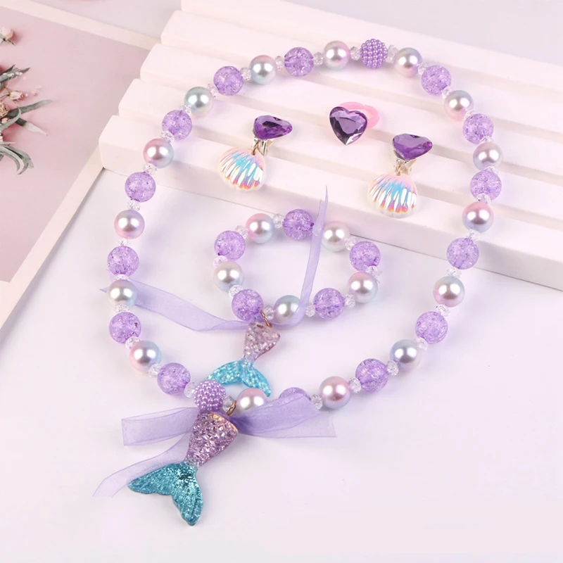 Baby Girls Beads Necklace Set Fashion Mermaid Tail Pendant Child Kids Adjustable Lovely Necklace Charm Chunky Jewelry For Gift images - 6
