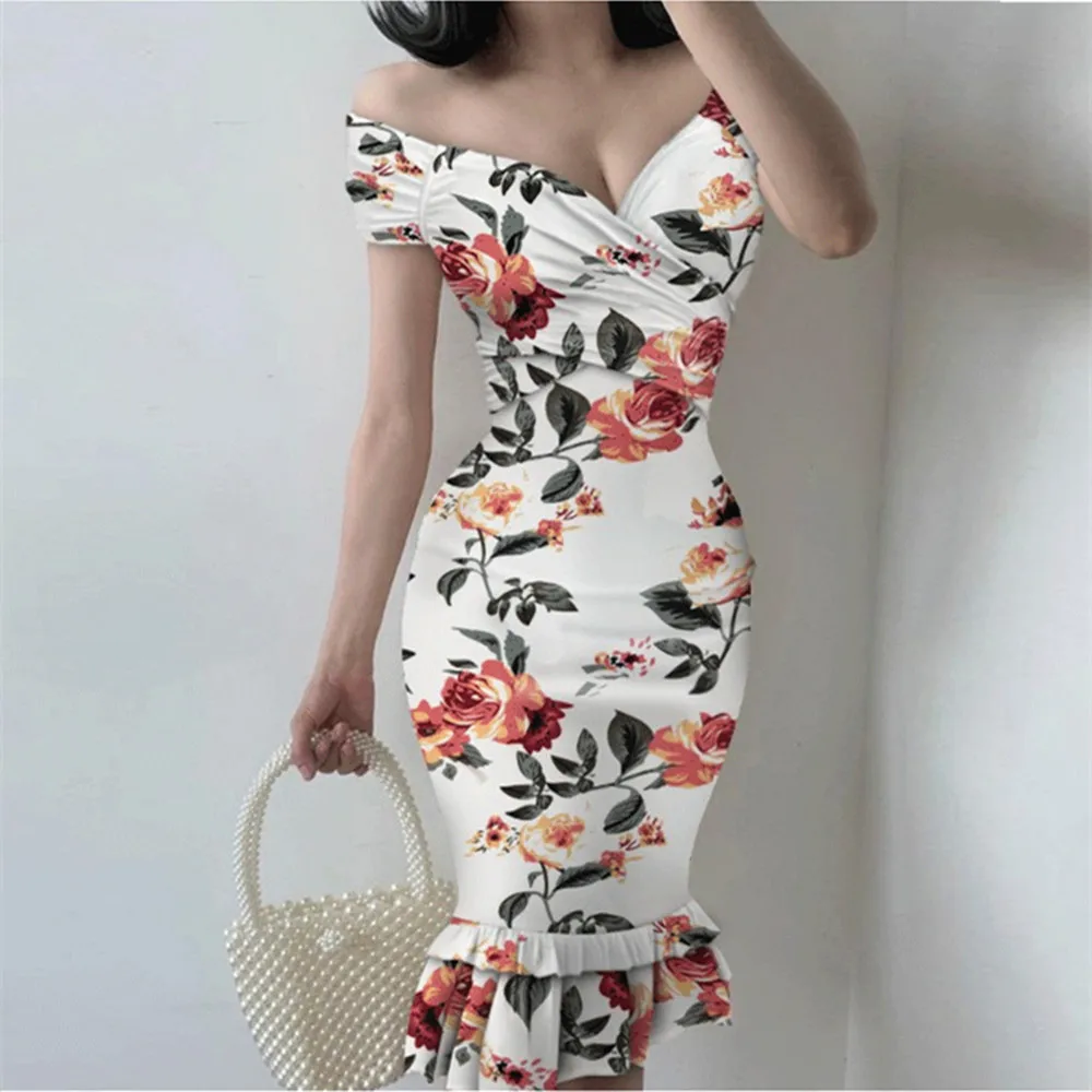 

Women Dress Spring And Summer V-neck Shoulder Slim Fishtail Lotus Leaf Flower Print Bag Hip Temperament Sexy Long Dress