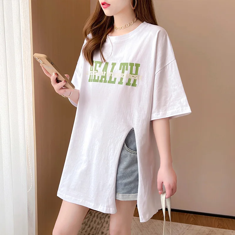 

Футболка женская оверсайз из чистого хлопка, длинная рубашка с разрезом сбоку, с графическим принтом и надписью, уличная одежда в Корейском стиле, y2k, лето