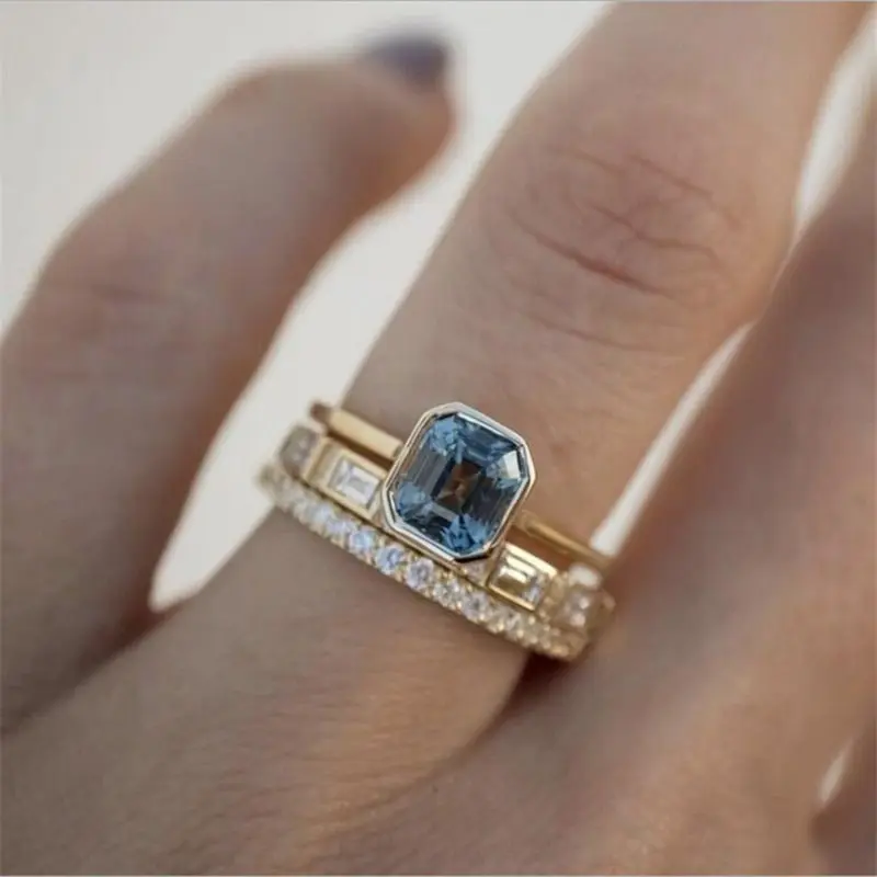 3pcs Acid Blue Crystal Rings for Women Fashion Yellow Gold Color Wedding Women's Ring Luxury Brand Jewelry Gifts Accessories