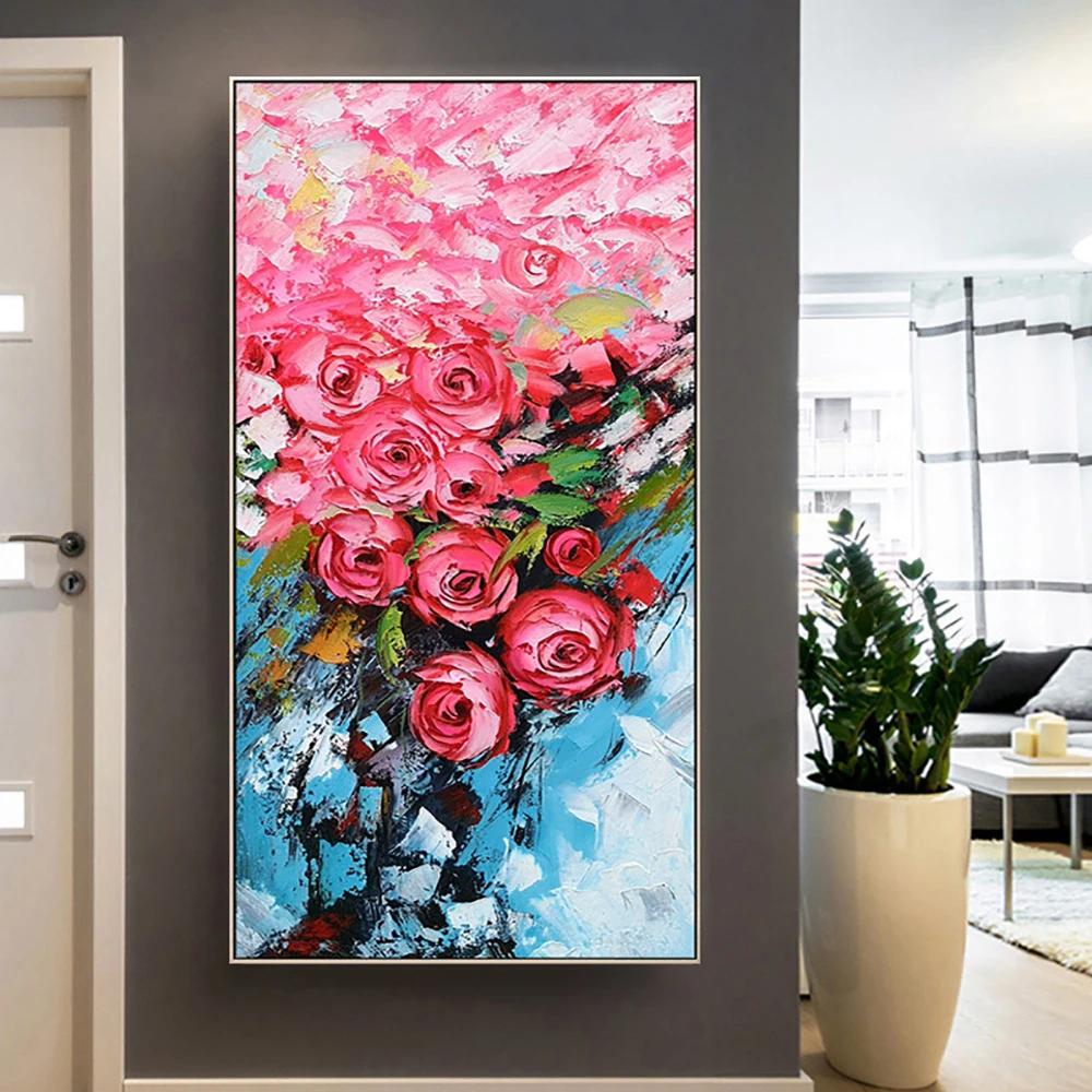 

Hand Painted Flower Oil Painting For Living Room Corridor Wall Decoration Abstract Wall Art Vertical Red Rose Painting Handmade
