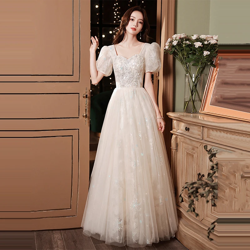 

LAMYA Elegant Champagne Tulle Prom Dresses With Short Sleeve Sweetheart Appliques Evening Party Gown Plus Size Vestido De Noiva