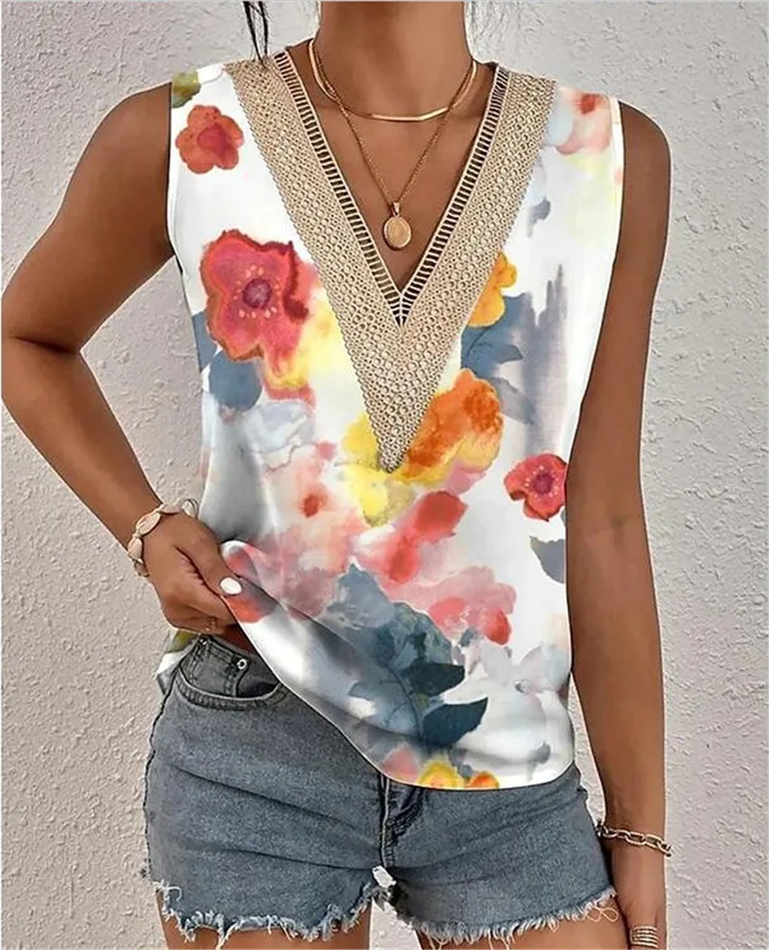 

Women's Tank Tops2023 Summer New Ins Style Women's Casual Lace Edge Sleeveless V-Neck Vest Women's Tops Fashion Tie-Dye Tops