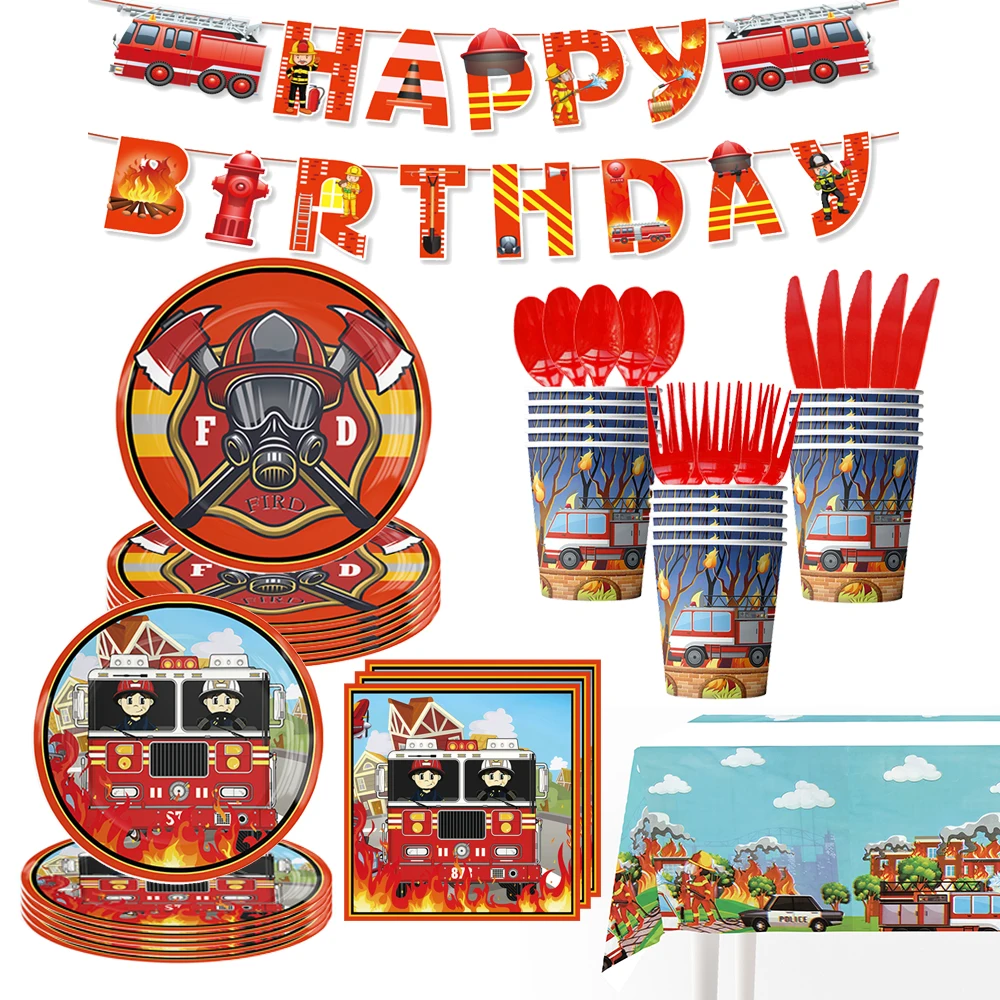 

Мультяшный пожарный грузовик для вечеринки в честь Дня рождения мальчика Набор Декоративной посуды чашка тарелка День рождения воздушный шар детский душ настраиваемый фон