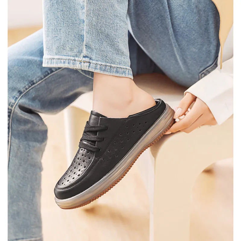 Sneakers Women's First Layer Cowhide Small Leather Shoes 2023 Openwork Summer New Single Shoes Two Soft Side Small White Shoes