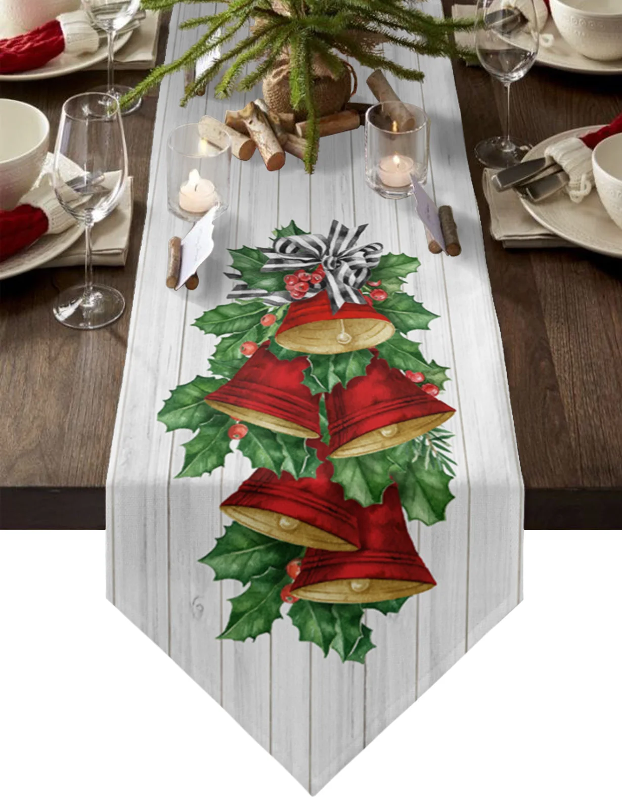 

Christmas Pine Needles Red Bells Wood Grain Table Runners Holiday Wedding Decor Dinning Table Cover Christmas Decor Table Cloth