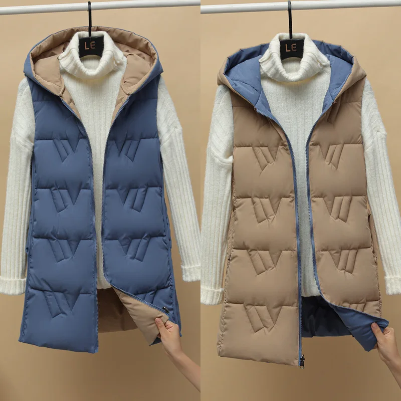 2022 New Double-sided Vest Women's Winter Hooded Vest Korean Version Autumn and Winter Down Cotton Vest Thickened Coat enlarge