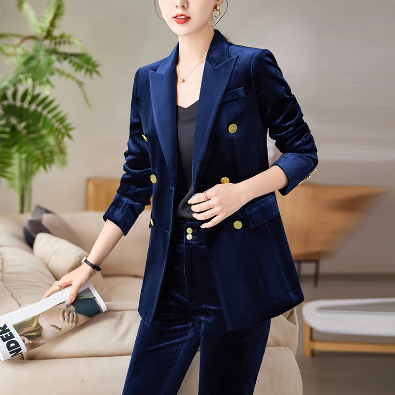 2023 Spring and Autumn New Blue Black Double breasted Fleece Suit Coat Women's Pants Two Piece Set Elegant Fashion Commuter Tren