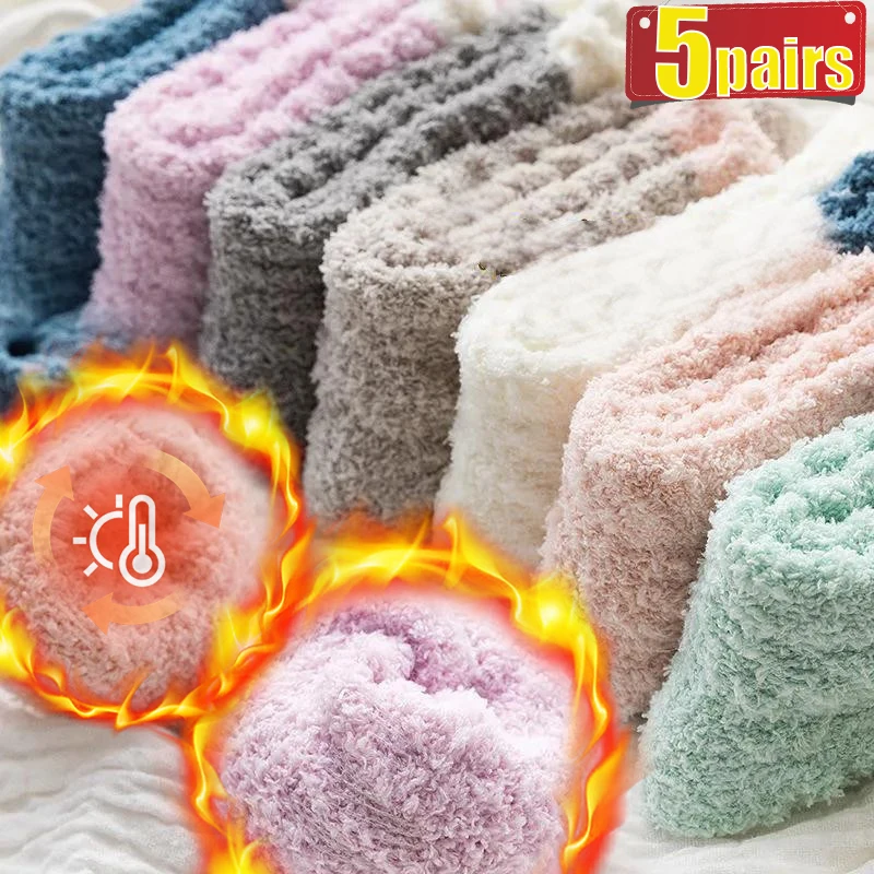 

5Pairs Coral Velvet Mid Socks Soft Warm Cold Resistance Plus Velvet Thick Fuzzy Socks Candy Color Fluffy Winter Floor Sleep Sock