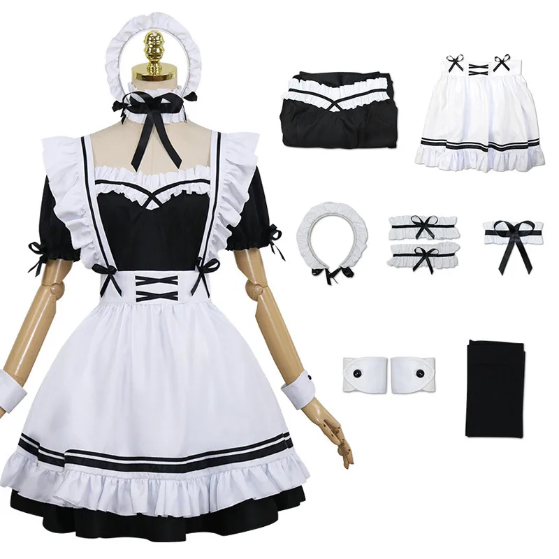 

2022 Anime French Maid Apron Lolita Fancy Dress Cosplay Costume Furry Cat Ear Gloves Socks Set