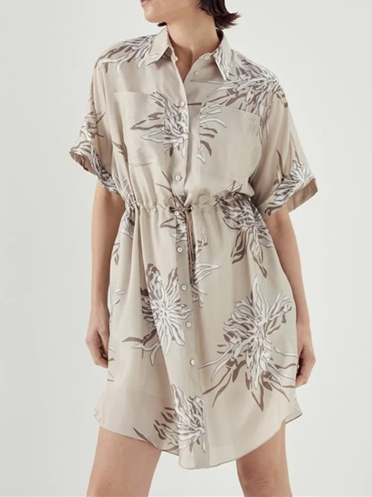 Turn-down Collar Women Shirt Dress Floral Print 100% Silk Short Sleeve Waist Drawstring Female Single Breasted Knee-length Robe