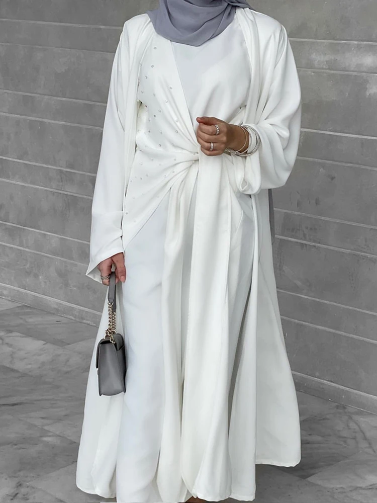 Muslim Modest 2 Piece Set Long Sleeves Pearls Wrap Front Dress+Open Abaya Kimono Islamic Clothes Dubai Turkey Matching Outfits