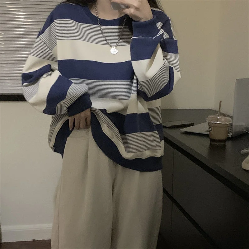 

Color Block Long Sleeve Striped Sweatshirt Black Blue Spring Women Pullovers
