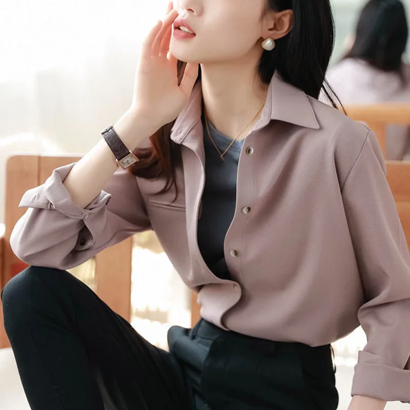 

Lucyever Korean Fashion Office Shirt for Women Elegant Turndown Collar Long Sleeve Blouses Ladies Solid Button Casual Blouse Top