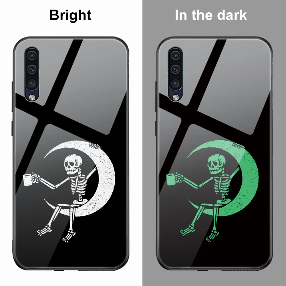 

Funny Skeleton Luminous Tempered Glass Case For Samsung Galaxy A50 A52S 5G A52 A12 A51 A72 A70 A71 A21S A32 4G A21S A10E A11