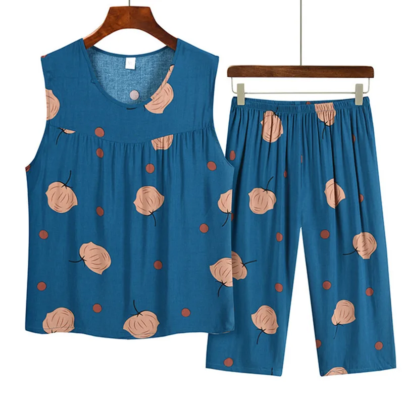 

Пижамный костюм женский из двух предметов, пижама-капри, Топ средней длины и штаны, хлопковая одежда для сна с принтом бабушки, без рукавов, на лето